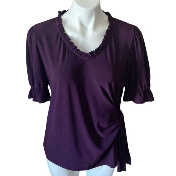 Perseption Concept Purple Plum Ruffle Neck Scoop Neck Short Sleeve Tie Blouse - Picture 1 of 5